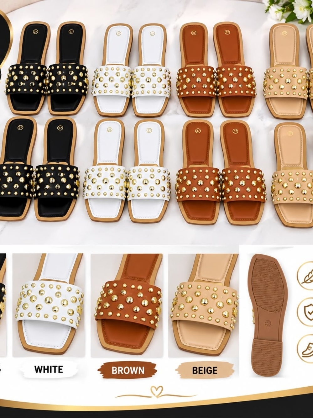 No Boundaries Studded Slide Sandals in Black, White, Brown, Beige
